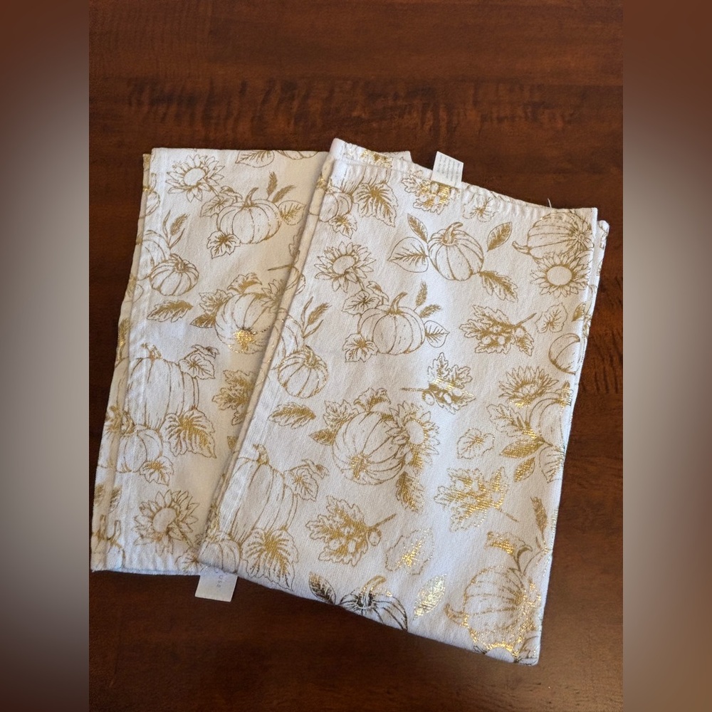 The Farmhouse by Rachel Ashwell Kitchen Towels - Gold Pumpkin Fall Print NWT